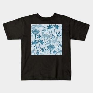 cheetahs and parrots in the jungle | blue monochrome | repeat pattern Kids T-Shirt